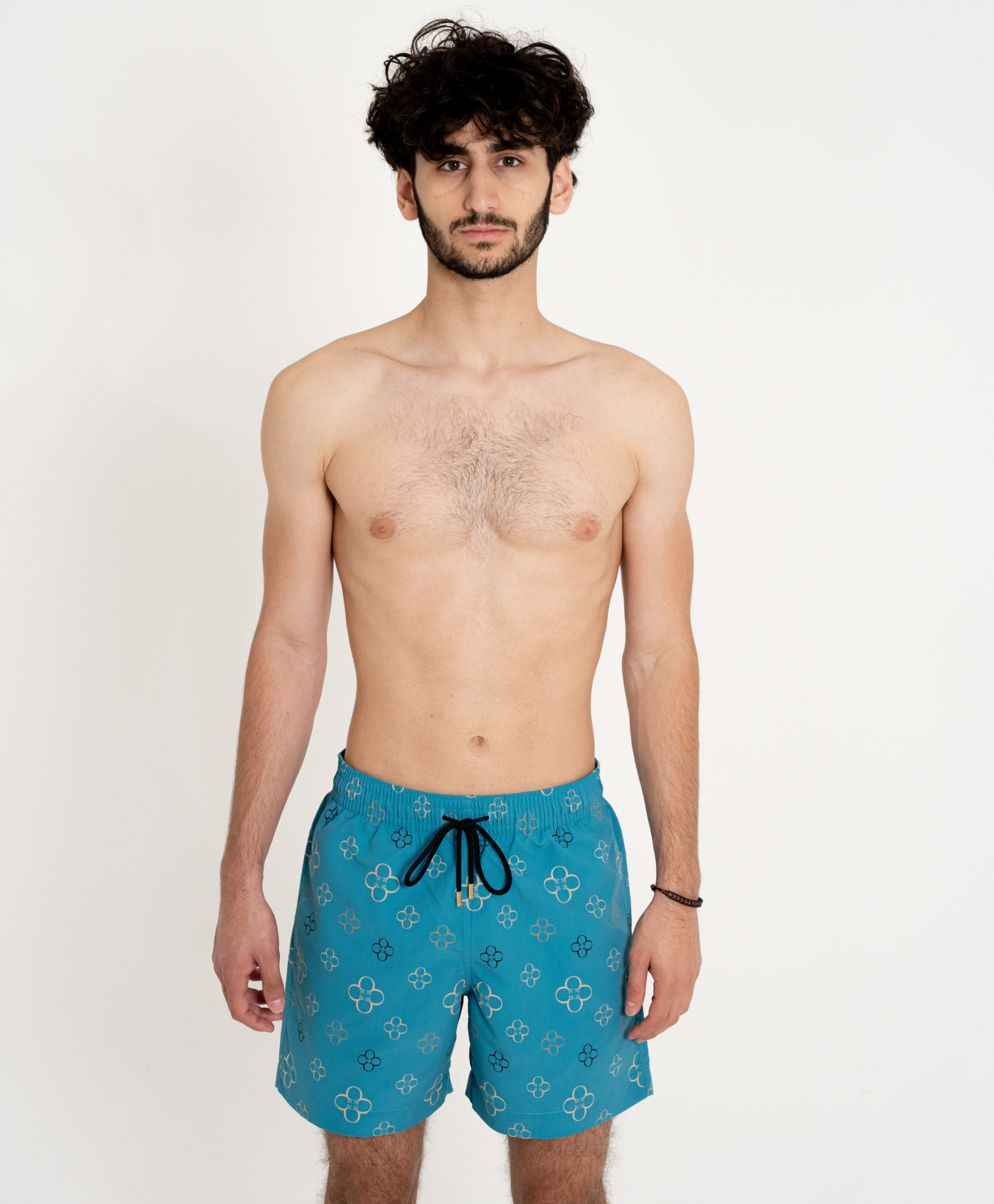 End Style Fiore Print Coastal Swim Short in Aqua Gold