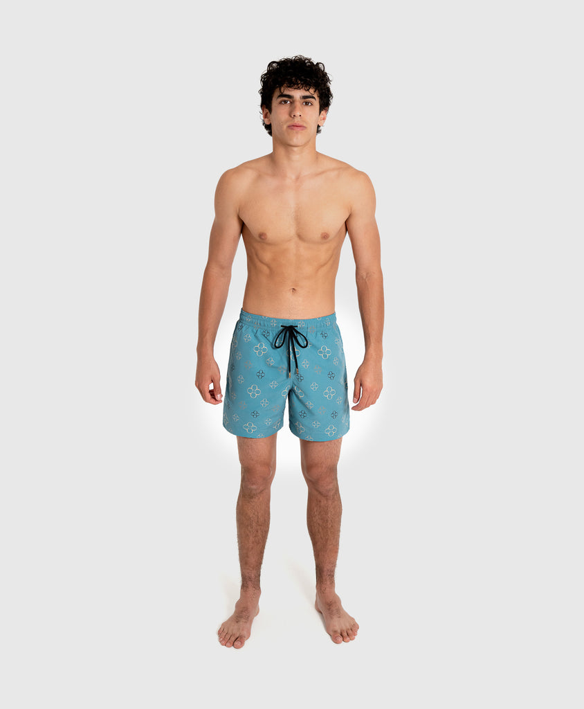 End Style Fiore Print Coastal Swim Short in Aqua Gold