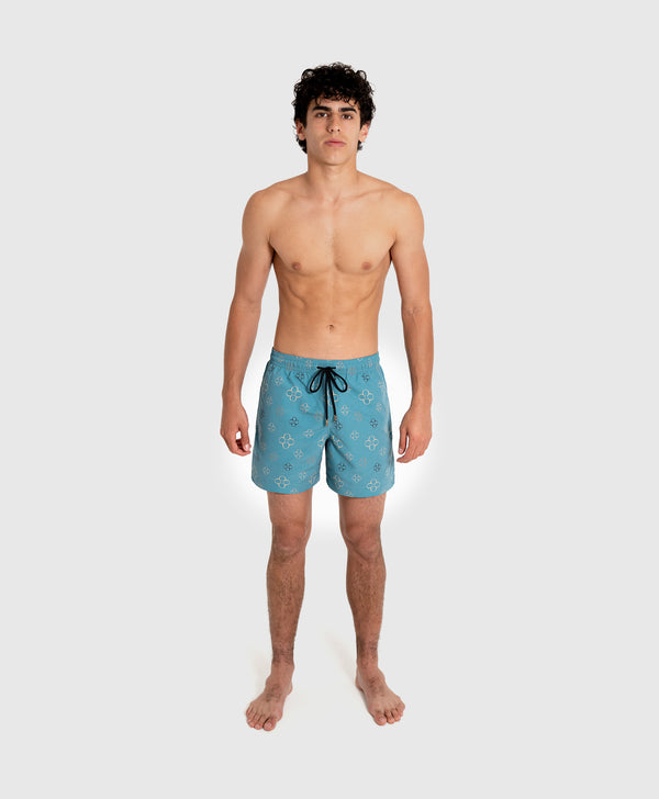 End Style Fiore Print Coastal Swim Short in Aqua Gold