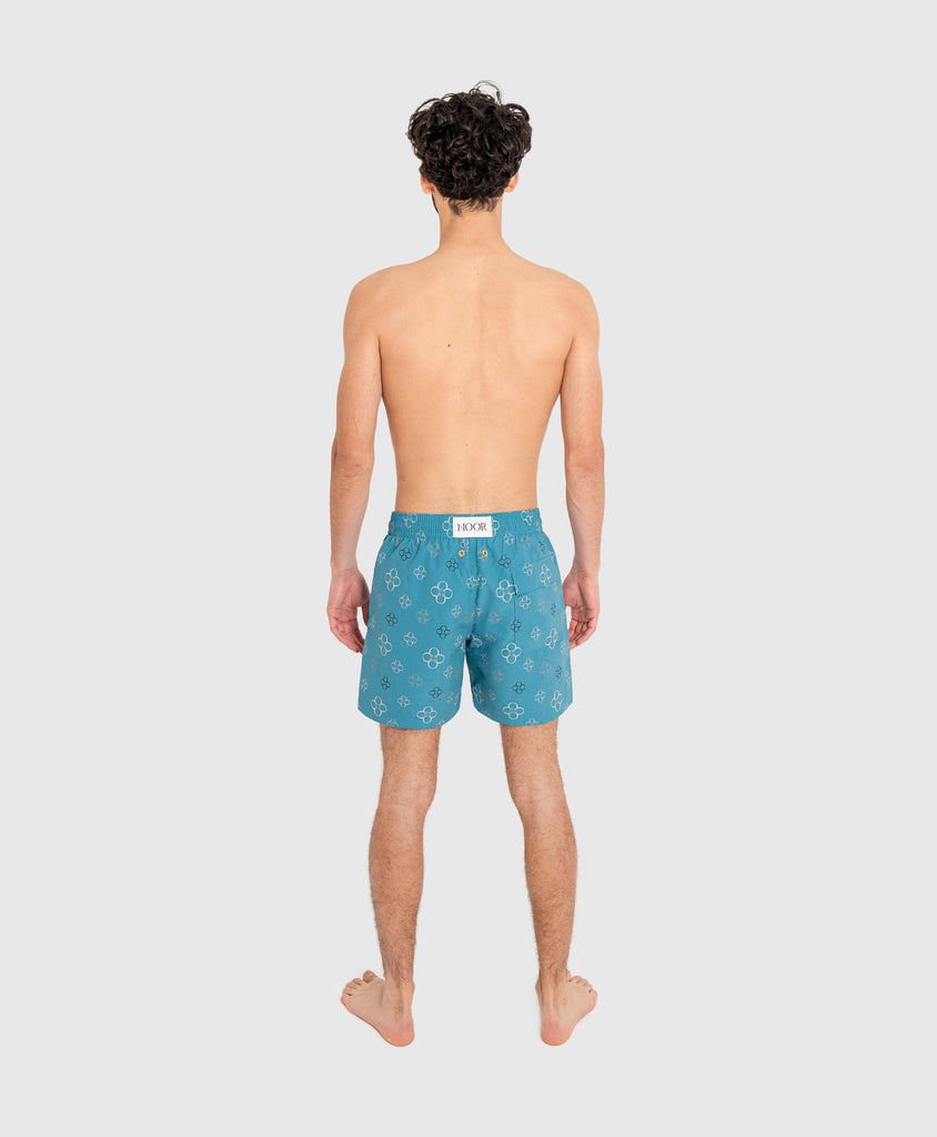 End Style Fiore Print Coastal Swim Short in Aqua Gold