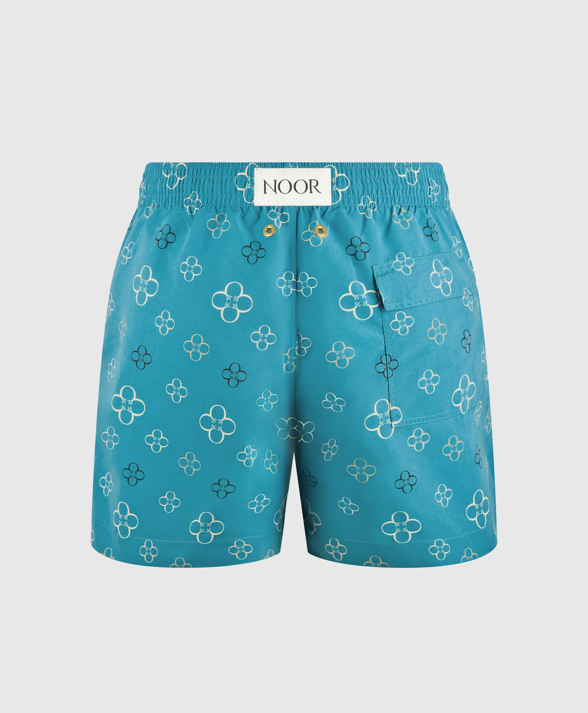 End Style Fiore Print Coastal Swim Short in Aqua Gold
