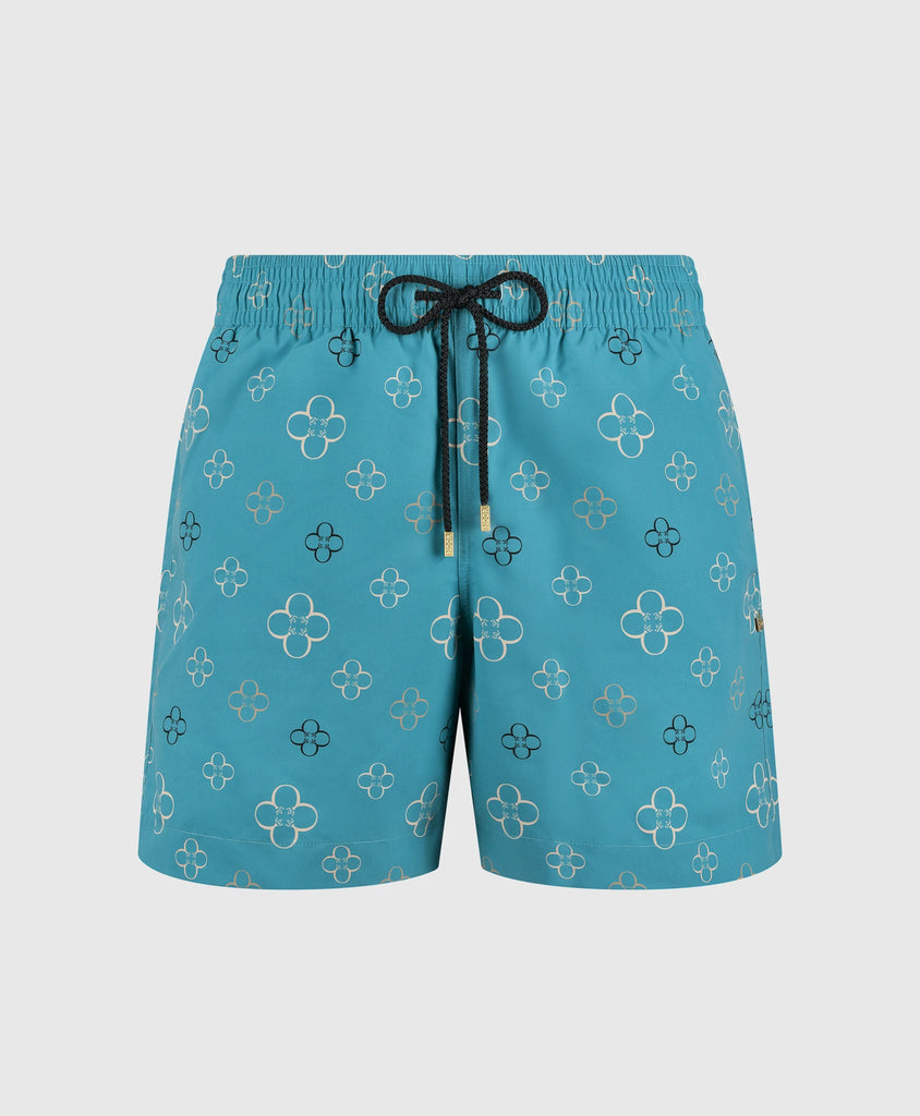 End Style Fiore Print Coastal Swim Short in Aqua Gold