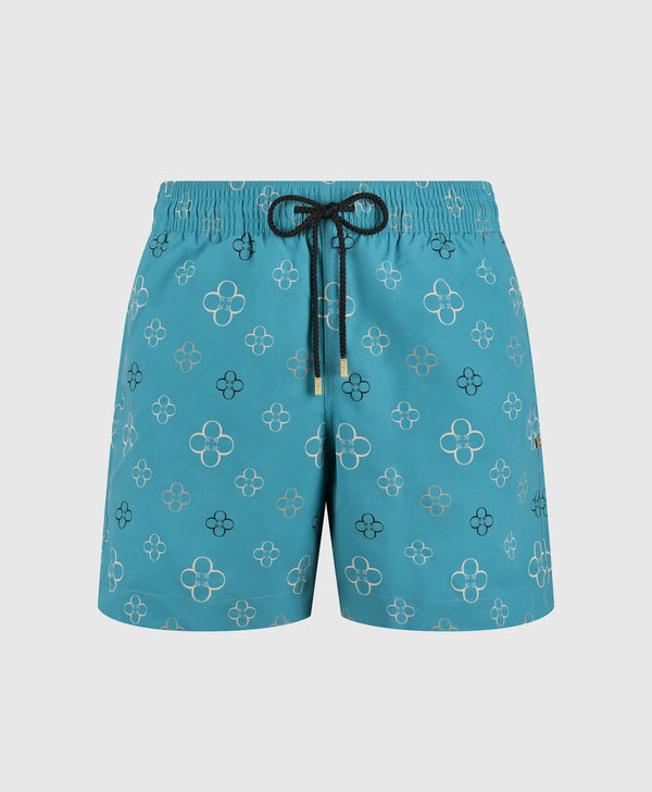 End Style Fiore Print Coastal Swim Short in Aqua Gold