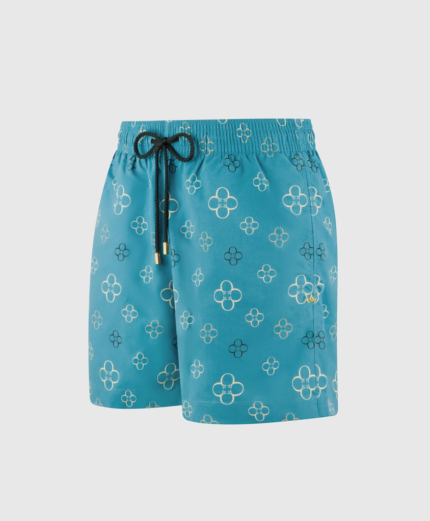 End Style Fiore Print Coastal Swim Short in Aqua Gold